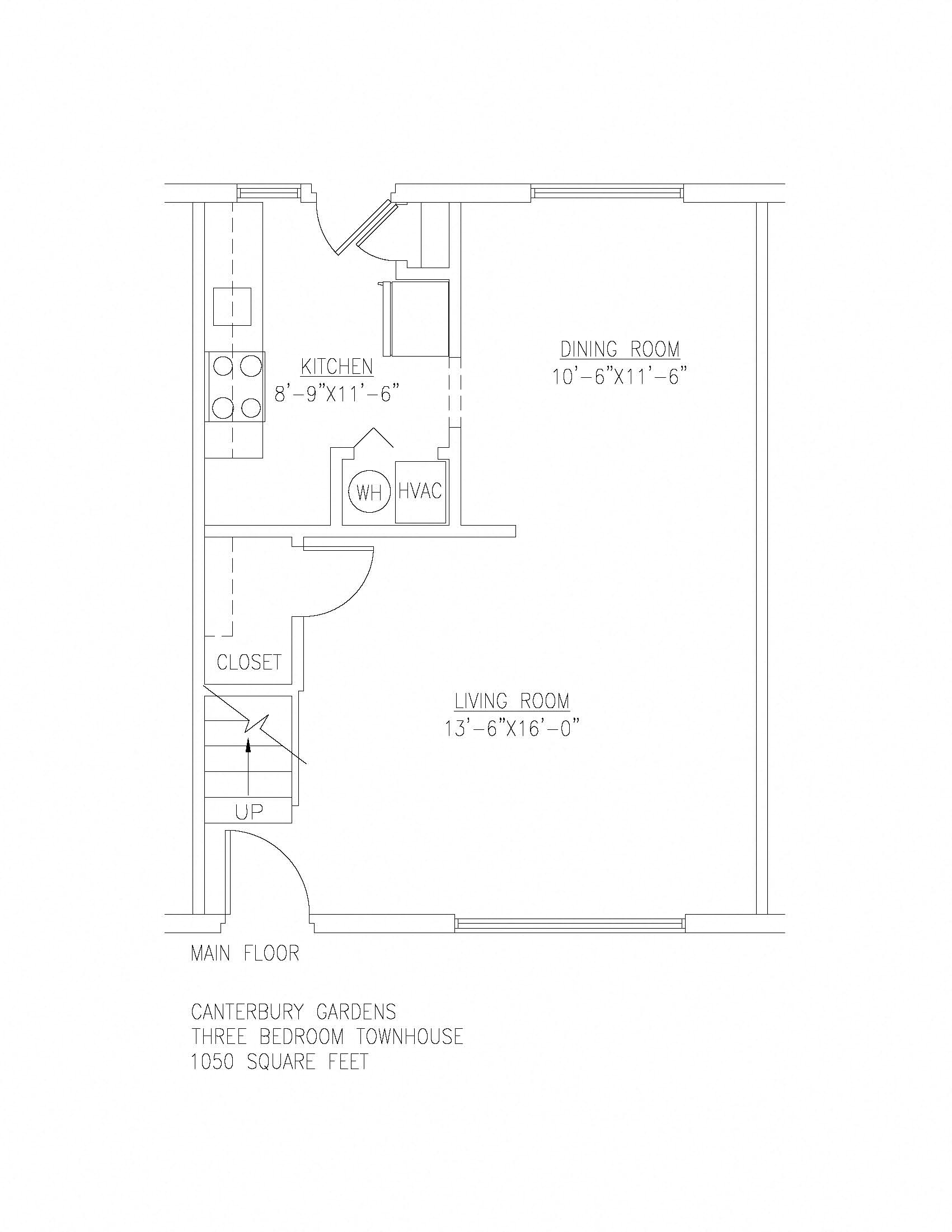 Floor plan for 3 beds, 1 bath, 1050 sqft